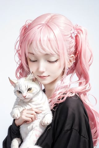 Best picture quality, high resolution, 8k, realistic, sharp focus, realistic image of elegant lady, beauty, supermodel, twin tails, thick sweater, cute side hair accessory, holding a cat in both hands, one eye closed, Smirk, (high quality:1.0) (white background:0.8), detailed face, (blush:0.8), 1 girl,Young beauty spirit, ZGirl, perfect light, Detailedface,1 girl, big eyes, eye shadow ,SharpEyess, 
,perfecteyes eyes ,Smirk,Detailedface, perfect light,ZGirl,photo of perfecteyes eyes,nodf_lora,DonMSn0wM4g1c,yofukashi background,portrait,wrenchsmechs,ASU1,scandal mami