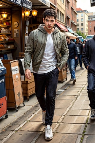 solo, short hair, black hair, 1boy, standing, jacket, full body, male focus, outdoors, shoes, day, pants, hood, hoodie, black pants, white footwear, hood down, building, sneakers, hands in pockets, white hoodie