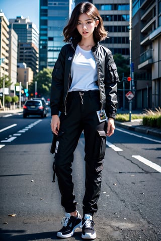 ((best quality)), ((full body shot)), ((masterpiece)), ((detailed)), ((4K)), 1 18 yo girl model in dynamic pose on day street, Nike white sneakers, charming bob curly hair, 4k resolution, realistic style, 35mm film aesthetic, market background, professional photography, cinematic lighting, urban setting, digital artwork by Annie Leibovitz and Peter Lindbergh, top-tier detail, atmospheric, fantasy dreamlike setting, grimace, (wearing black hypebeast outfit, white t-shirt layered with black tactical jacket, waering cargo outfit:1.4), 4k resolution, nj,better_hands,danielle, njdanielle, newjeans