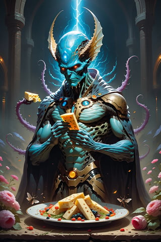 the platonic ideal of flowers, rotting, insects and praying hands in namaskara mudra of cletus kasady ultimate carnage thanos dementor doctor manhattan chtulu nazgul davinci, detailed, intricate, hyperrealism, intense, scary, decay, dmt, art by brock hofer and artgerm and greg rutkowski and alphonse mucha high quality presentation photo of winged crawling anthropomorphic horror alien monster insects eating cheese, photography 4k f1.8 anamorphic bokeh 4k Canon Nikon