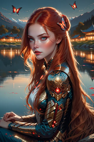 a beautiful comic book illustration of a woman with long red hair sitting near a lake at night by daniela uhlig, featured on artstation 8k portrait of beautiful cyborg with brown hair, intricate, elegant, highly detailed, majestic, digital photography, art by artgerm and ruan jia and greg rutkowski surreal painting gold butterfly filigree, broken glass, (masterpiece, sidelighting, finely detailed beautiful eyes: 1.2), hdr,