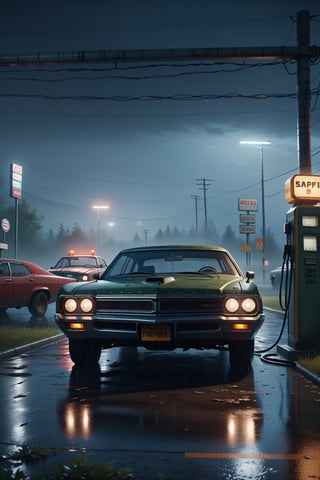 In the car on a rainy night,The protagonist returns to the car,The phone shows no signs of charging。The protagonist answers the phone,Breathing sounds and silence are heard。Completely realistic,  Full high resolution, Well made,detail-rich best quality, masterpiece, cinematic, horror, sinister, abandoned gas station, overgrown, vegetation, moist, damp, night, dark, volumetric fog