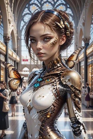 shopping mall in the style of a gothic cathedral, stores can be seen, food court 8k portrait of beautiful cyborg with brown hair, intricate, elegant, highly detailed, majestic, digital photography, art by artgerm and ruan jia and greg rutkowski surreal painting gold butterfly filigree, broken glass, (masterpiece, sidelighting, finely detailed beautiful eyes: 1.2), hdr,