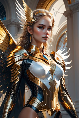 if the white house was black, 8k photo Closeup of a woman in a gold costume with wings, fantasy art act, karol bak uhd, artgerm julie bell beeple, beautiful fantasy art, fantasy woman, cgsociety contest winner! ! , detailed fantasy art, cgsociety contest winner! ! ! , cgsociety contest winner, elegant cinematic fantasy art, stunning cgsociety, beautiful fantasy art portraits, busty