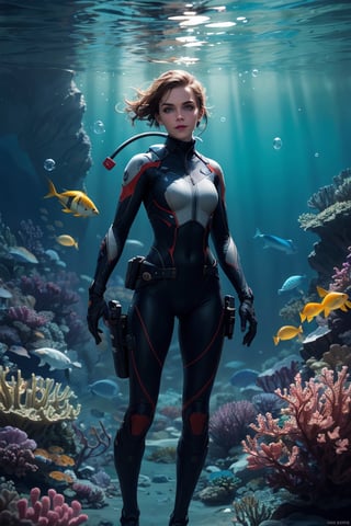 Full body of Elderly Emma Watson, portrait by Cedric Peyravernay, highly detailed, excellent composition, cinematic concept art, dramatic lighting, trending on ArtStation underwater bubbles. Underwater. High definition photography. 35 mm. F/2.5