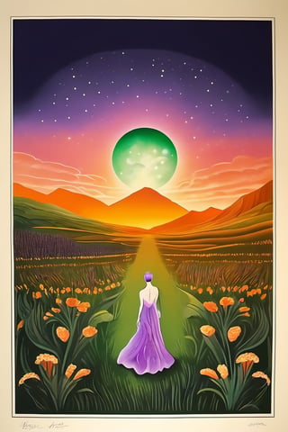 year 1 9 2 8 commercial poster for radium underwear. hyperrealistic drawing. green eyes expansive landscape photograph , (a view from below that shows sky above and open field below), a girl standing on flower field looking up, (full moon:1.2), ( shooting stars:0.9), (nebula:1.3), distant mountain, tree BREAK
production art, (warm light source:1.2), (Firefly:1.2), lamp, lot of purple and orange, intricate details, volumetric lighting BREAK
(masterpiece:1.2), (best quality), 4k, ultra-detailed, (dynamic composition:1.4), highly detailed, colorful details,( iridescent colors:1.2), (glowing lighting, atmospheric lighting), dreamy, magical, (solo:1.2)