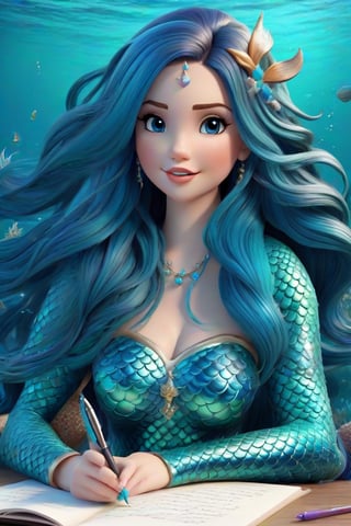 Mermaid long hair, writing pen,3d style