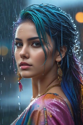 Wet,princess, colourfull hair, crop top, trousee, cinematic, rain, photography,  hyper detailed, trending on artstation, sharp focus, studio photo, intricate details, highly detailed,detailed face, detailed, (ultra hd,) 