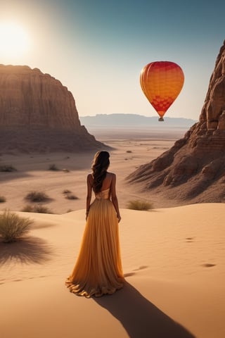 Princess in hot,ballon,ultra hd, Desert view. (UltraHD) .sharp. Cinematic, cinematic light, cinematic photography, realistic experience. Highly detailed, ultra sharp. 