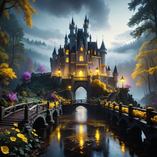 cinematic , black ,white theme ,foggy  , yellow light , night , Photorealism, professional cinematic results, ultra detailed picture of a beautiful castle in forest,black flower. lack , wood bridge ,colorful  sharp focus , and complexity invoking a sense of magic and fantasy, 8kUHD, resembling steam in water, amber glow ,ColorART, colorful, style,colorful,Movie Still