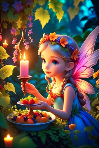 Cute fairy eats food ,candle light (winged demonic creation):.5)) in a (((wild) (vine filled) jungle):((beautifull) (vibrant) (flowery) garden):.9) at (dusk sunset) 8k.