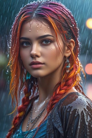 Wet,princess, colourfull hair, crop top, trousee, cinematic, rain, photography,  hyper detailed, trending on artstation, sharp focus, studio photo, intricate details, highly detailed,detailed face, detailed, (ultra hd,) 