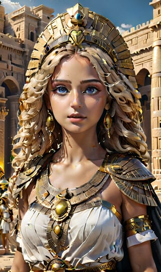 wide angle camera , girl , detailed eyes, curly long yellow hair, , Ancient Egypt , roman castle civilization, girl  costume,Middle Kingdom of the Middle Bronze Age and the New Kingdom of the Late Bronze Age. mudy ,piramid   inside  [(masterpiece, top quality, best quality, , ,3D Render Style,3DRenderAF,Movie Aesthetic,icarus,Roman,DonMASKTexXL 