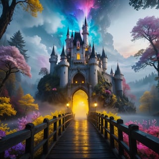 cinematic , black ,white theme ,foggy  , yellow light , night , Photorealism, professional cinematic results, nebula , coloufull color rediation , sky  ultra detailed picture of a beautiful castle in forest, colourfull flower. lack , wood bridge ,colorful  sharp focus , and complexity invoking a sense of magic and fantasy, 8kUHD, resembling steam in water, amber glow ,ColorART, colorful, style,colorful,Movie Still