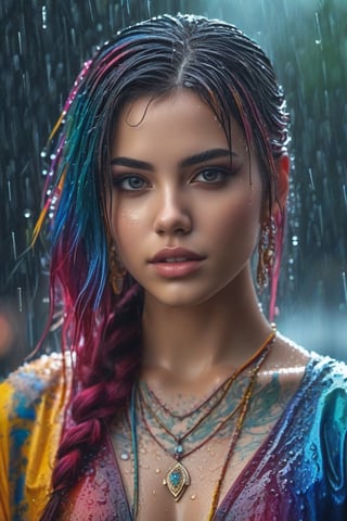 Wet,princess, colourfull hair, crop top, trousee, cinematic, rain, photography,  hyper detailed, trending on artstation, sharp focus, studio photo, intricate details, highly detailed,detailed face, detailed, (ultra hd,) 