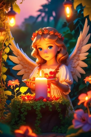 Cute angel, eats food ,candle light (winged demonic creation):.5)) in a (((wild) (vine filled) jungle):((beautifull) (vibrant) (flowery) garden):.9) at (dusk sunset) 8k.