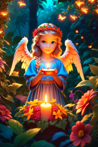 Cute angel, eats food ,candle light (winged demonic creation):.5)) in a (((wild) (vine filled) jungle):((beautifull) (vibrant) (flowery) garden):.9) at (dusk sunset) 8k.