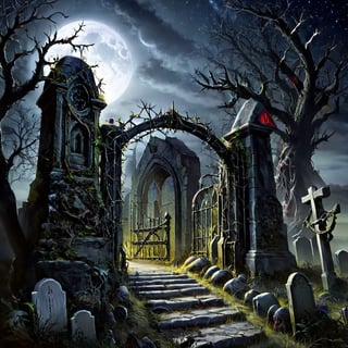 Night scenery with a graveyard gate and thorns