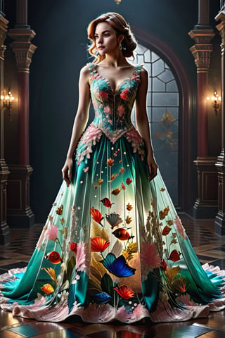 a girl wearing , full body Colorful heavy Dimond Embroideryy, , fairy dress,designer dress, net full gown, fairy tail,CINEMATIC, CINEMATIC LIGHT ,8lHD detailed,artstation, sharp focus, ,photo r3al,Movie ,lolitagothi,victorian,photorealistic,byrs \(manaka nemu\),f41rydr3ss,dressuni241,hoopdress,LAassunity,gl4sst3r,mermaid-line wedding dress, glass, dress,pinkdressxl,BugCraft,qingsi,satin green dress, see-through