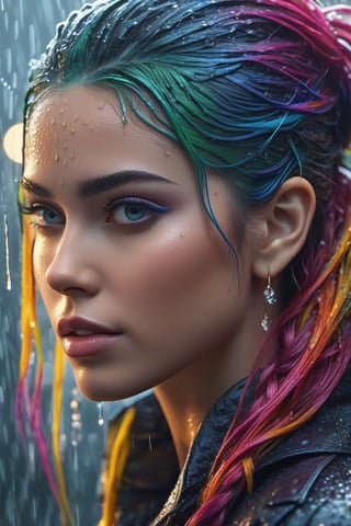 Wet,princess, colourfull hair, cinematic, rain, photography,  hyper detailed, trending on artstation, sharp focus, studio photo, intricate details, highly detailed,detailed face, detailed, (ultra hd,) 