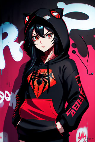 Spiderman hoodie, 1girl in black long hair, red  eyes, no mask, serious face, no mask, graffiti background, neon