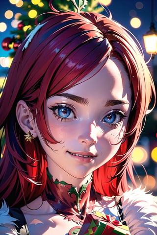 8k wallpaper, awesome, (((masterpiece))), (((best quality))), ((ultra detailed)), (illustration), dynamic angle, red hair, red skimpy dress, fur, detailed cute face, an extremely delicate and beautiful girl, ((Christmas tree)), (gifts=1.25), snow, Christmas, broken glass, a hand on the head, outside, smiles sheepishly,