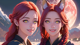 Luna, 2 Face only, woman, face, close-up, redhead, yellow eyes, black fox, fox ears, braided hair on one side, blood moon in background, smiles sheepishly,

(masterpiece, extremely detailed, realistic, best quality, high resolution:1.2), UHD,

,LUNA