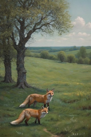 Pastelart An open landscape in France, fields, trees, a wood in the far end, a roaming fox in the foreground, landscape in May, intricately textured and extremely subtle detailed,  detailmaster2,  side-light,  high resolution and contrast,  high colour contrast,  dark vivid palette, ultra quality ,Lunaris