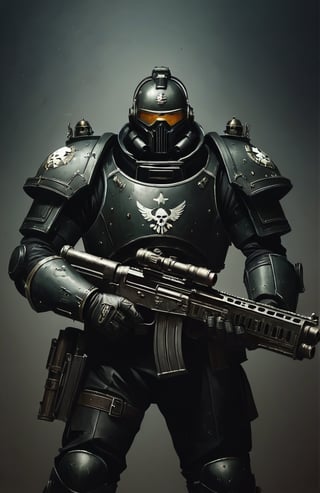 Warhammer 40000, WH40k, Warhammer 40k Darktide Character Concept art, The Moebian VI, Veteran, better photography,colorful,dark,chiaroscuro,potma style, Miguel Iglesias style art, dark, grimdark style, artstation, darktide machine gun, goggles on top of head, veteran class military armour, black tattoos, wartorn, seen battle, aiming gun to right, Warhammer soldier, grimdark, gritty, textured, extremely detailed, 