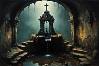 A dark scene of a stone water well hidden in the depths of an underground ancient city ruin, long forgotten and in decline, deadly and scary, low light, mysterious scene, dark, fantasy art, horror, sleepy hollow style, grimdark style, Movie Still, moody colours, undead, digital artwork by Beksinski, fantasy village, ,Landskaper,newhorrorfantasy_style