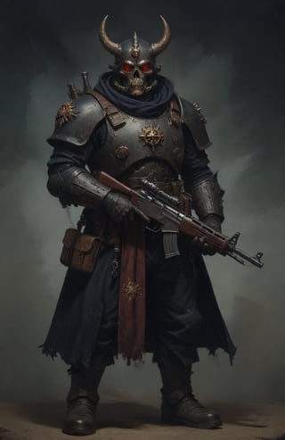 Warhammer 40000, WH40k, Warhammer 40k Darktide Character Concept art, The Moebian VI, Veteran, better photography,colorful,dark,chiaroscuro,potma style, Miguel Iglesias style art, dark, grimdark style, artstation, darktide machine gun, goggles on top of head, veteran class military armour, black tattoos, wartorn, seen battle, aiming gun to right, Warhammer soldier