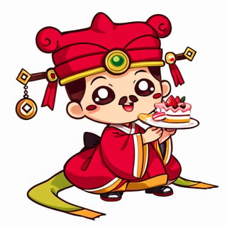 (1st boy),boy,red hat,hanfu,(White background), (SUPER CHIBI), chibi, full_body, Standing posture,chibi,（eating cake）,smile, Standing posture