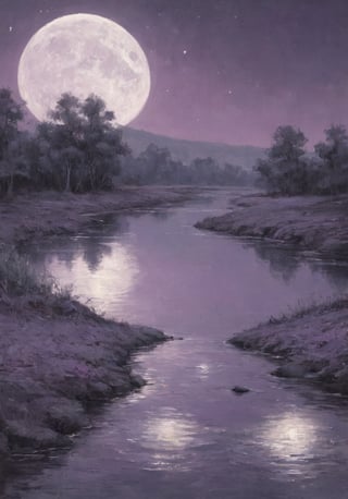 Moon reflection on a river illustration on etheral dark purple indigo background.
Moon is a perfect circle.
Modern art.
Nature,Nature,realistic