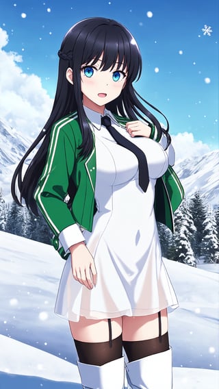 司波深雪, black hair, long hair, blue eyes, big breasts, green jacket, cropped jacket, open jacket, black necktie, white dress, short dress, collared dress, see-through, black thigh highs, white boots,
