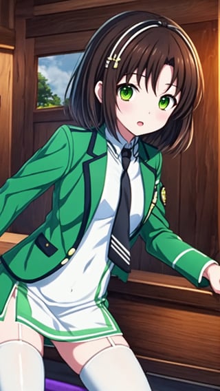 七草泉美, black hair, bob hair, green eyes, medium breasts, green jacket, cropped jacket, open jacket, black necktie, white dress, short dress, collared dress, see-through, black thigh highs, white boots,


