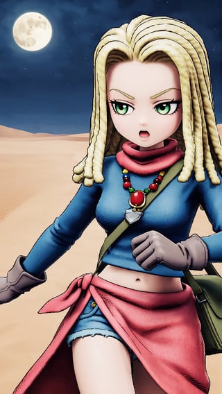 Ann, blonde hair, reggae hair style, shoulder length hair, green eyes, necklace, red scarf, blue short T-shirt, navel, blue denim short skirt, deep grey gloves, deep green bag, red sarong, brown short boots, running, in desert, at moon night