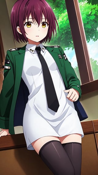 桜井水波, brown hair, short hair, left braid, brown eyes, medium breasts, green jacket, cropped jacket, open jacket, black necktie, white dress, short dress, collared dress, see-through, black thigh highs, white boots,


