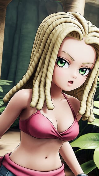 Ann, blonde hair, reggae hair style, shoulder length hair, green eyes, bikini, in the oasis, oasis plants, 