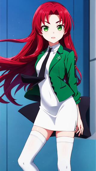 明智英美, red hair, long hair, green eyes, medium breasts, green jacket, cropped jacket, open jacket, black necktie, white dress, short dress, collared dress, see-through, black thigh highs, white boots,


