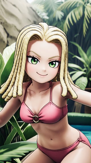 Ann, blonde hair, reggae hair style, shoulder length hair, green eyes, cowboy shot, dynamic pose, 1 girl, solo, happy smile joy, bikini, in oasis, oasis plants, 