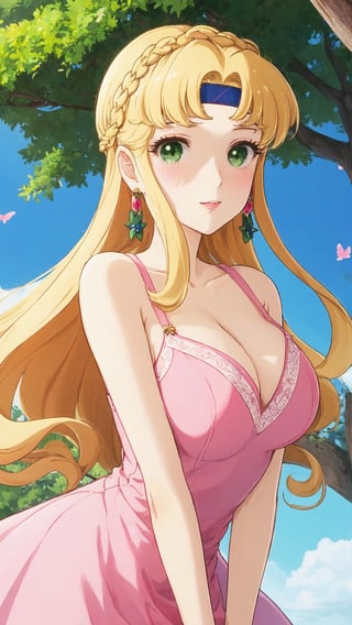 ピグマリオ, 精霊オリエ, Seirei Orie, blonde hair, long hair, bangs, Headband, green eyes, Big Breast, Cleavage, earrings, jewelry, pink summer dress, 


