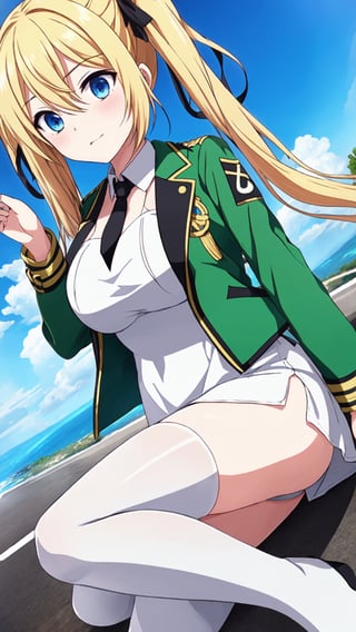 アンジェリーナ, gold hair, twin tail, blue eyes, big breasts, green jacket, cropped jacket, open jacket, black necktie, white dress, short dress, collared dress, see-through, black thigh highs, white boots,


