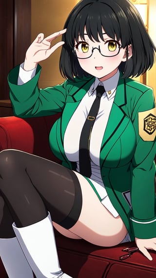 柴田美月, black hair, bob hair, gold eyes, (glasses:1.3), big breasts, green jacket, cropped jacket, open jacket, black necktie, white dress, short dress, collared dress, see-through, black thigh highs, white boots,


