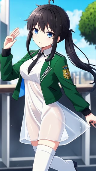 北山雫, black hair, blue eyes, medium breasts, green jacket, cropped jacket, open jacket, black necktie, white dress, short dress, collared dress, see-through, black thigh highs, white boots,


