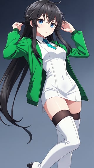 北山雫, black hair, blue eyes, medium breasts, green jacket, cropped jacket, open jacket, black necktie, white dress, short dress, collared dress, see-through, black thigh highs, white boots,


