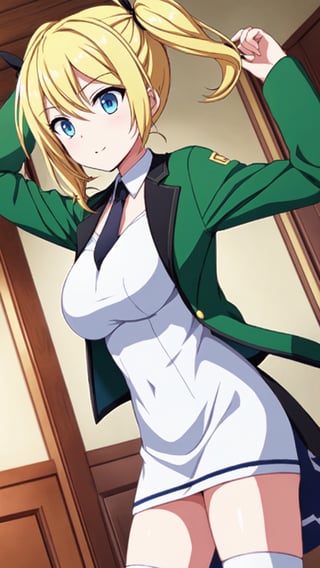 アンジェリーナ, gold hair, twin tail, blue eyes, big breasts, green jacket, cropped jacket, open jacket, black necktie, white dress, short dress, collared dress, see-through, black thigh highs, white boots,


