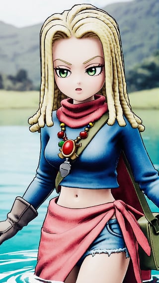 Ann, blonde hair, reggae hair style, shoulder length hair, green eyes, necklace, red scarf, blue short T-shirt, navel, blue denim short skirt, deep grey gloves, deep green bag, red sarong, brown short boots, swimsuit, in the lake