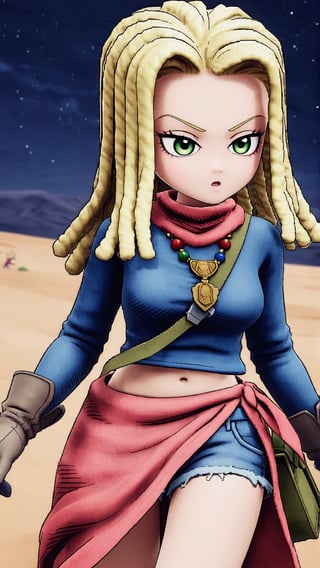 Ann, blonde hair, reggae hair style, shoulder length hair, green eyes, necklace, red scarf, blue short T-shirt, navel, blue denim short skirt, deep grey gloves, deep green bag, red sarong, brown short boots, running in desert, at moon night