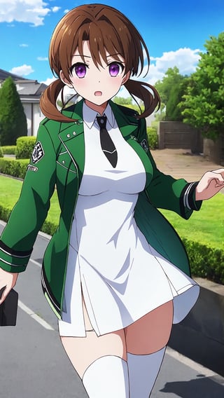 光井ほのか, brown hair, medium hair, pigitais, purple eyes, big breasts, green jacket, cropped jacket, open jacket, black necktie, white dress, short dress, collared dress, see-through, black thigh highs, white boots,


