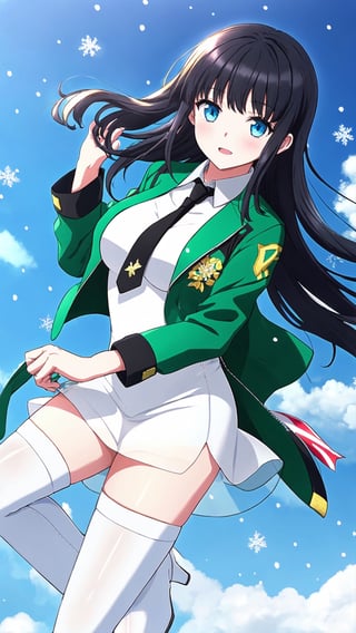 司波深雪, black hair, long hair, blue eyes, big breasts, green jacket, cropped jacket, open jacket, black necktie, white dress, short dress, collared dress, see-through, black thigh highs, white boots,
